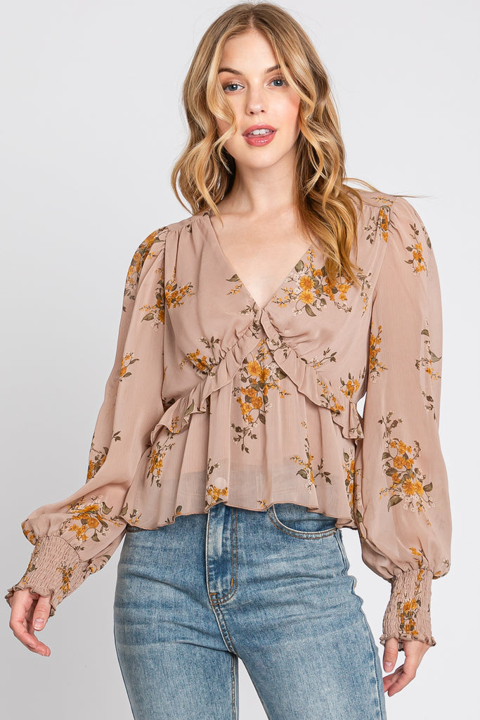 Floral Print Chiffon Long Sleeve Blouse