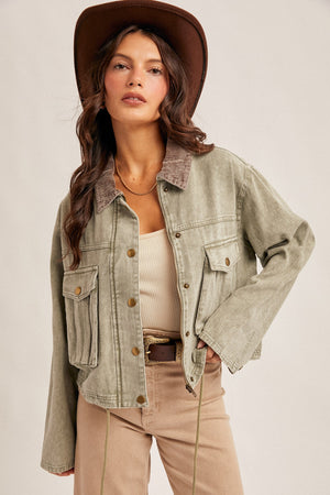Corduroy Collar Contrast Twill Crop Jacket