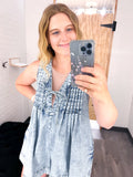 Front Pleated V Neck Sleeveless Denim Romper