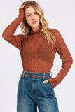 Textured Sheer Stretchy Mock Neck Long Sleeve Top