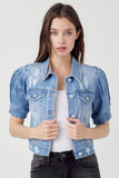 Shirring Sleeve Crop Denim Jacket