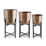 Copper Distressed Metal Planters W/black Metal Stands