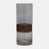GLASS CYLINDER VASE W WOOD BAND, CLEAR
