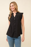 V neck Button Down Sleeveless Top with Ruffle Neck