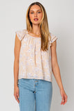 Short Double Sleeve Neck Shirring Floral Top