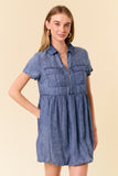 Half Zip Up Short Sleeve Bubble Hem Tencel Denim Dress