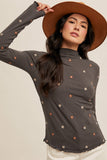 Embroidered Rib Mock Neck Cabbage Hem Long Sleeve Top