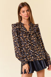 Abstract Printed Ruffle V-neck Smocked Cuff Long Sleeve