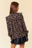 Abstract Printed Ruffle V-neck Smocked Cuff Long Sleeve