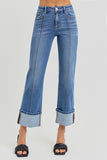 High Rise Ankle Straight Wide Cuffed Jeans