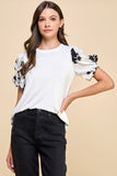 Solid Top With Floral Printed Puffed Sleeves