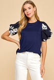 Solid Top With Floral Printed Puffed Sleeves