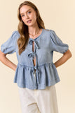 Chambray Puff Short Sleeve Bow Tie Peplum Shirt