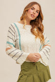 Boat Neck Vertical Stripe Crop Bell Sleeve Sweater