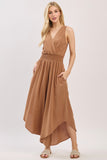 Solid Surplice Waist Smocked Sleeveless Jumpsuit