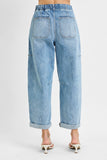 High Rise Crop Wide Barrel Cargo Pocket Cuffed Jeans