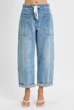High Rise Crop Wide Barrel Cargo Pocket Cuffed Jeans