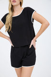 Contrast Trim Round Neck Short Sleeve Linen Shirt