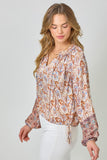 Border Print Long Sleeve Ruffle Top
