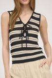 Stripe Front Tie Sleeveless Crochet Knit Pullover