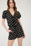 Bow Pattern Front Tie Puff Sleeve Linen Blouse