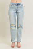Mid Rise Repair Stitch Detail Distress Single Cuff Boyfriend Jeans
