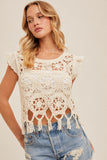 Fringe Bottom Eyelet Lace Sleeve Crochet Top