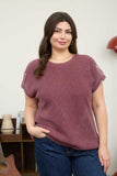 Curvy Washed Knit Short Tab Sleeve Pullover Sweater