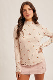 Floral Embroidered Cabbage Hem Mock Neck Rib Top