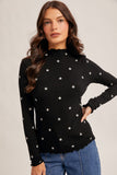 Flower Embroidered Mock Neck Cabbage Hem Rib Top