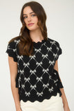 Bow Pattern Short Sleeve Side Tie Knit Pullover
