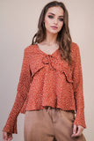Dotted Ruffled Bell Sleeve V-neck Blouse Woven Top