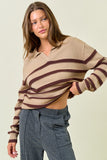 Split V-neck Polo Striped Sweater