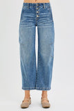 Mid Rise Fit Crop Barrel Twisted Seams Button Fly