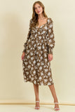 Floral Print Smocked Cuff Long Sleeve Dress