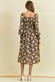 Floral Print Smocked Cuff Long Sleeve Dress