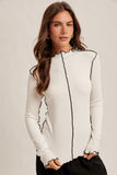 Cabbage Hem Mock Neck Rib Long Sleeve Top