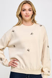 Fleece Crew Neck Sweatshirt With Bow Embroidery