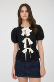 Front Bow Detail Short Sleeve Puffer Knit Top
