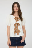 Front Bow Detail Short Sleeve Puffer Knit Top