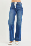 RISEN Mid Rise Ankle Wide Jeans With Waistband Drawstring