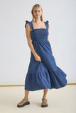 Dark Denim Ruffle Strap Smocked Midi Dress