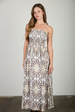 Demask Pattern Strapless Smocked Midi Sundress