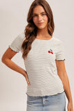 Cherry Bead Embroidery Stripe Rib Tee