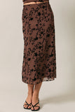 Pull On Flocking Velvet Mesh Floral Midi Skirt