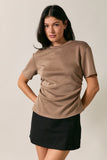Crew Neck Elbow Sleeve Side Ruched Top