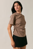 Crew Neck Elbow Sleeve Side Ruched Top