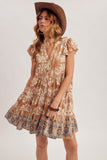V Neck Flutter Sleeve Border Print Mini Tiered Dress