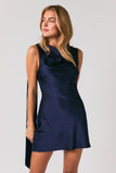 Cowl Neck Back Open Attached Scarf Fitted Satin Mini Dress