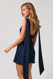 Cowl Neck Back Open Attached Scarf Fitted Satin Mini Dress